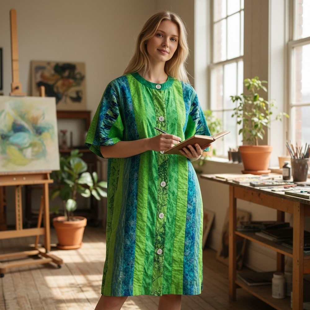 Handmade Green Blue Patchwork Button Front Duster Dress Artistic Eclectic L/XL